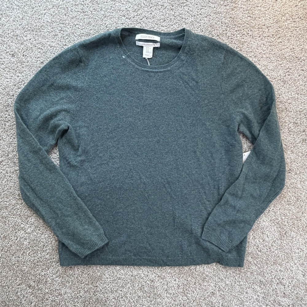 Ellen Tracy Sweater Womens XL Green Crew Neck 100% Cashmere Tight-Knit Pullover